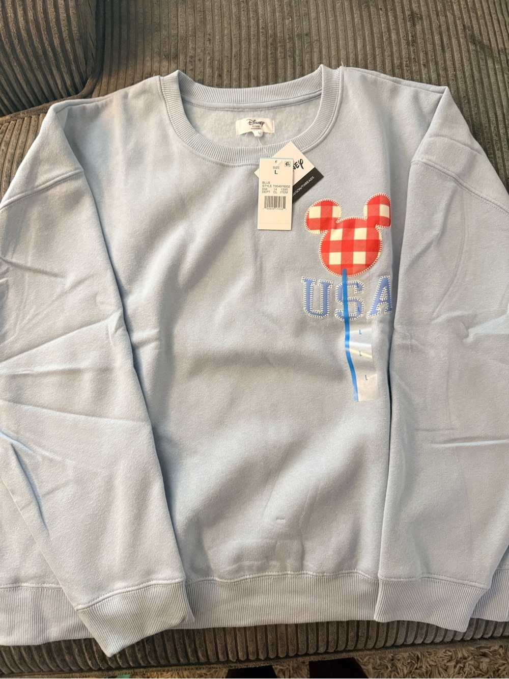 Disney Light Blue Crewneck Sweatshirt with Red Gingham Mickey